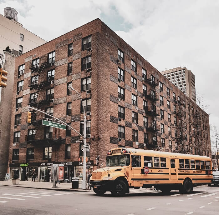 School bus at an intersection in New York City