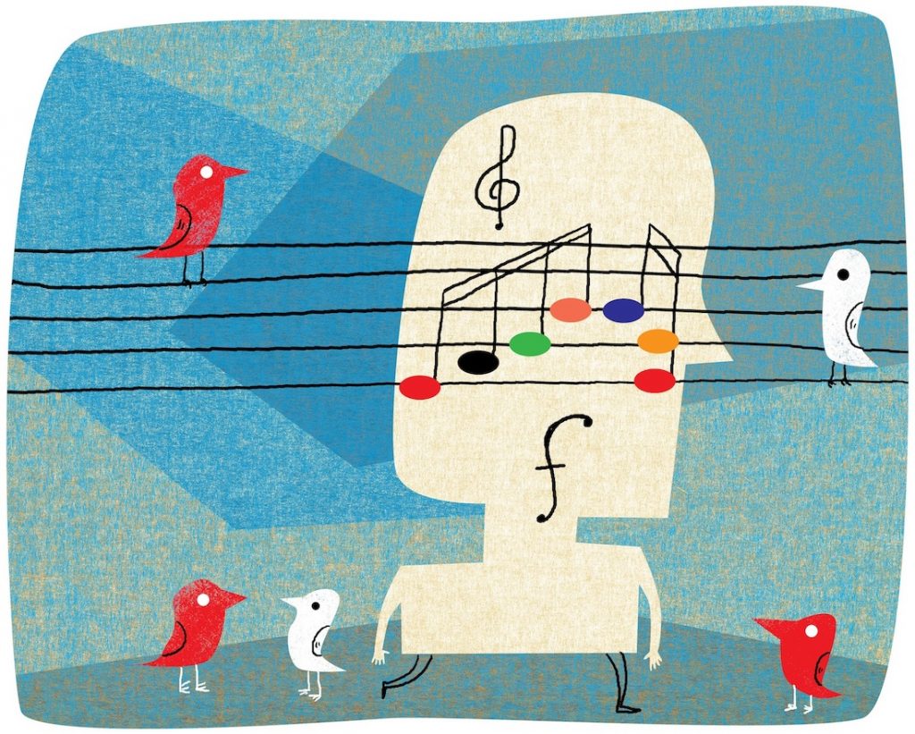 Artwork of birds and music notes