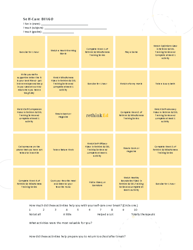 RethinkEd Compassion Fatigue Blog Bingo Sheet