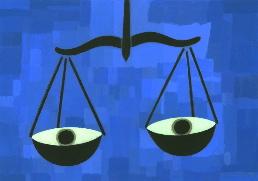 Drawing of balancing scale with eyes