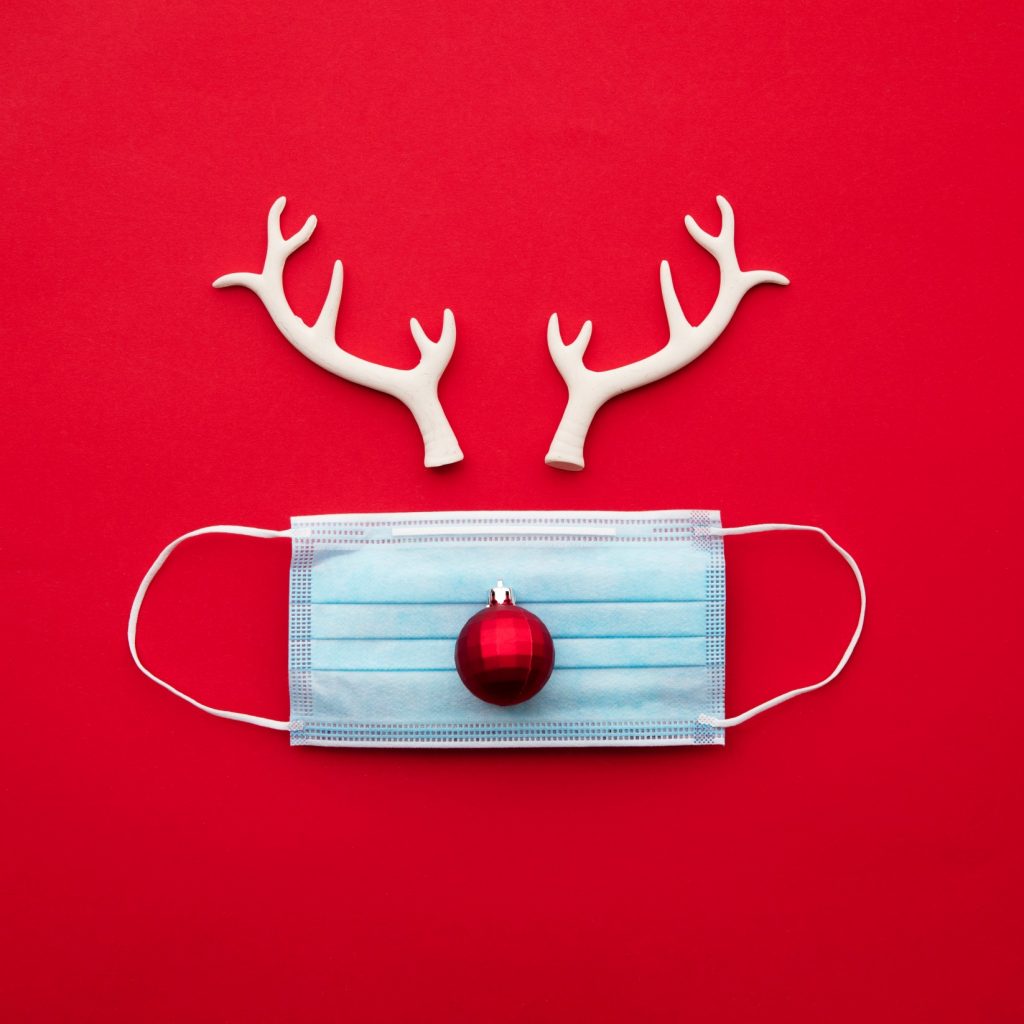 Mask, christmas ball and antlers in the shape of a reindeer face