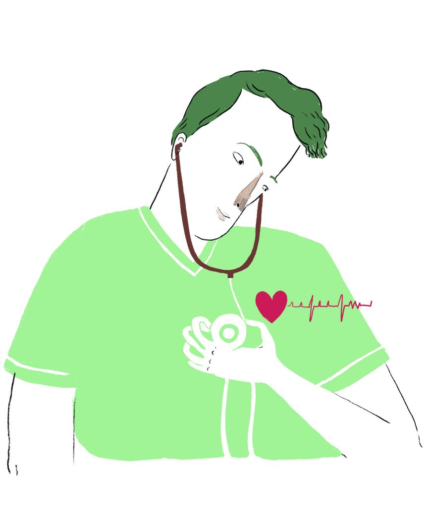 Sketch of man listening to his heart with stethoscope
