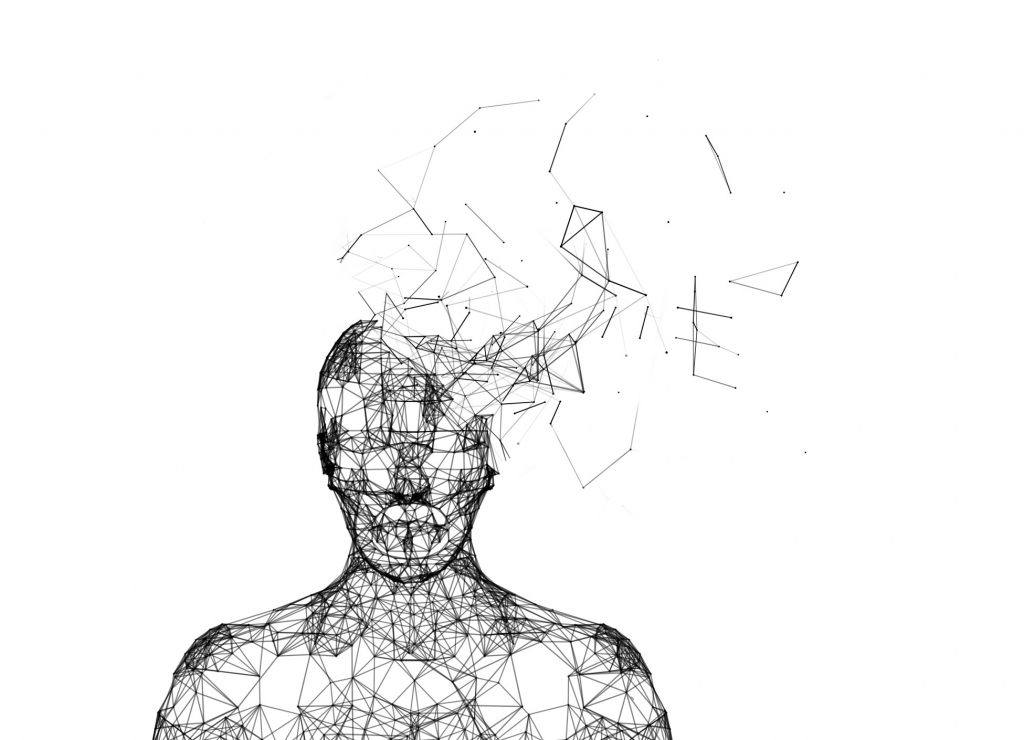 shattered human head isolated on white artificial intelligence in futuristic technology concept