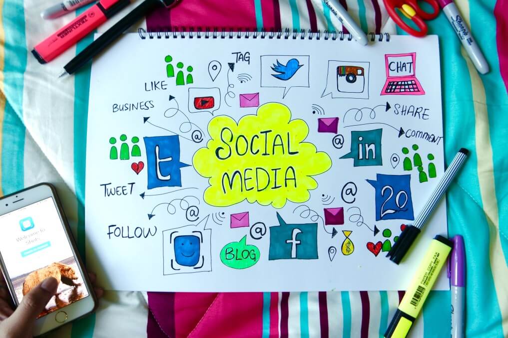 Hand drawn poster of social media platforms surrounded by pens and a phone