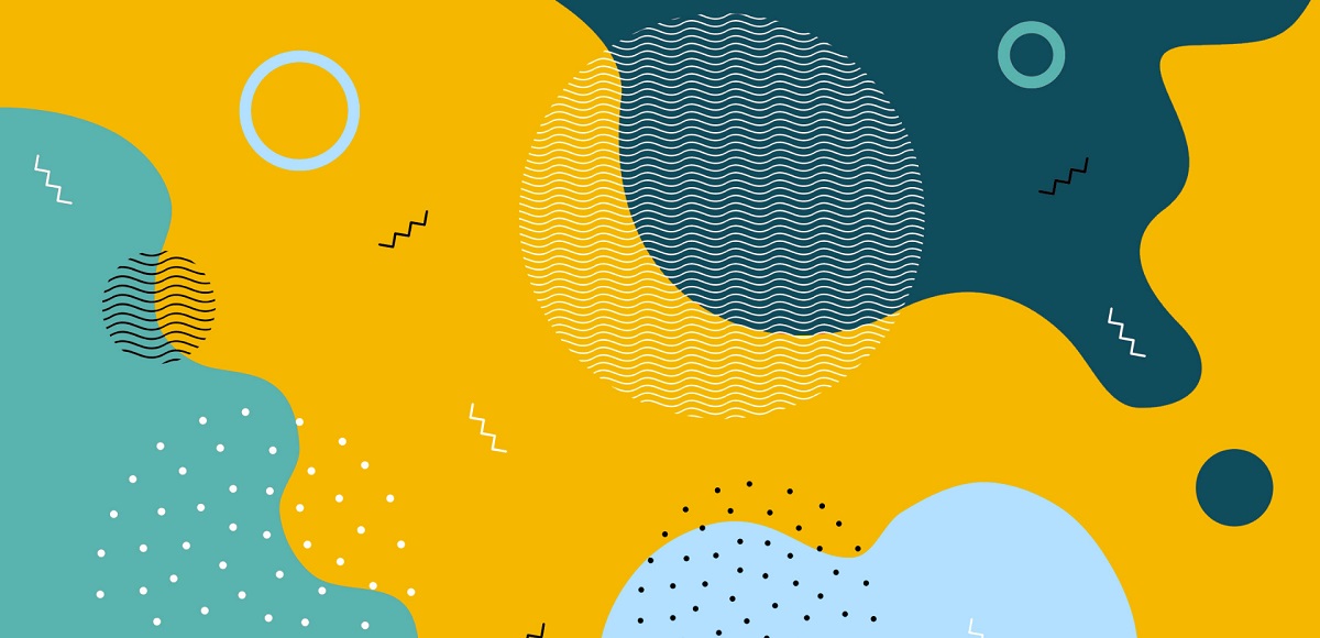 Blobs of colors overlaying with dots and line patterns