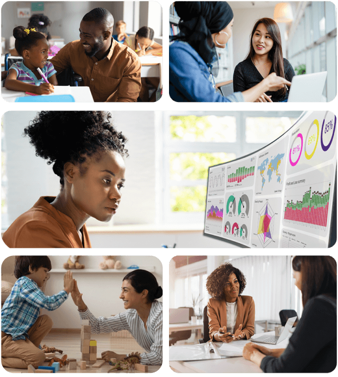 Collage of business professional, parents, teachers, and students