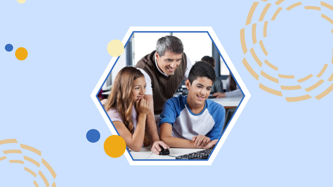 male teacher helping boy and girl midgrade students using laptop