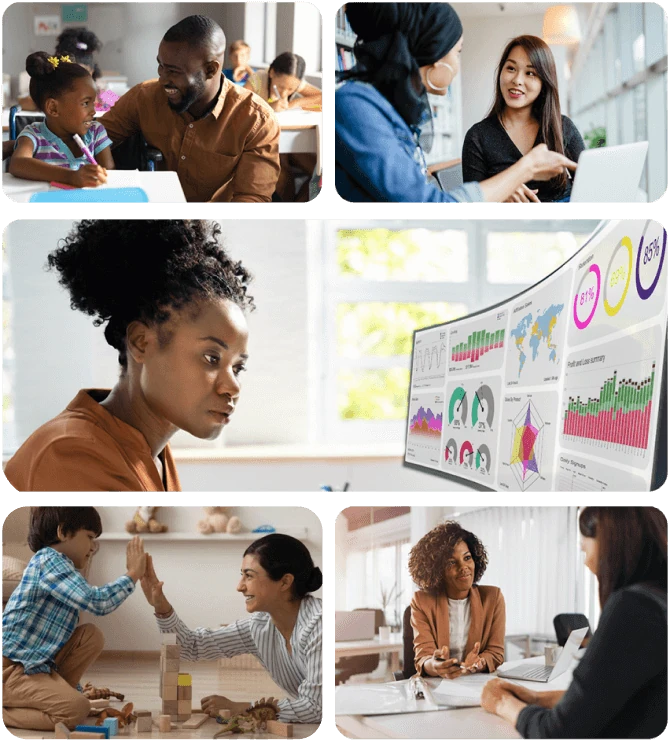 Collage of business professional, parents, teachers, and students